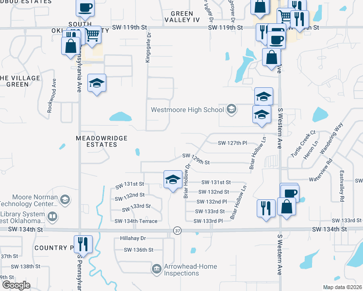map of restaurants, bars, coffee shops, grocery stores, and more near 12904 Jaymel Lane in Oklahoma City