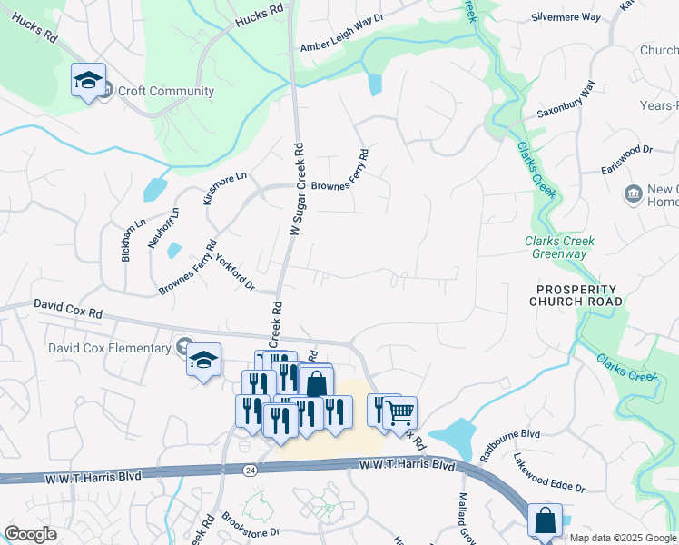 map of restaurants, bars, coffee shops, grocery stores, and more near 3703 Hayden Drive in Charlotte