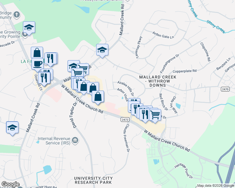 map of restaurants, bars, coffee shops, grocery stores, and more near 11246 Cypress View Drive in Charlotte