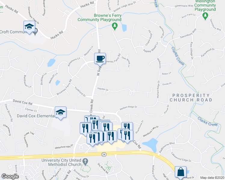 map of restaurants, bars, coffee shops, grocery stores, and more near 3703 Hayden Drive in Charlotte