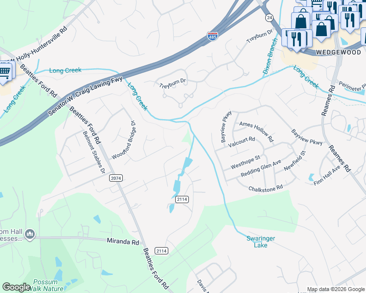 map of restaurants, bars, coffee shops, grocery stores, and more near 9707 Pond Vista Court in Charlotte