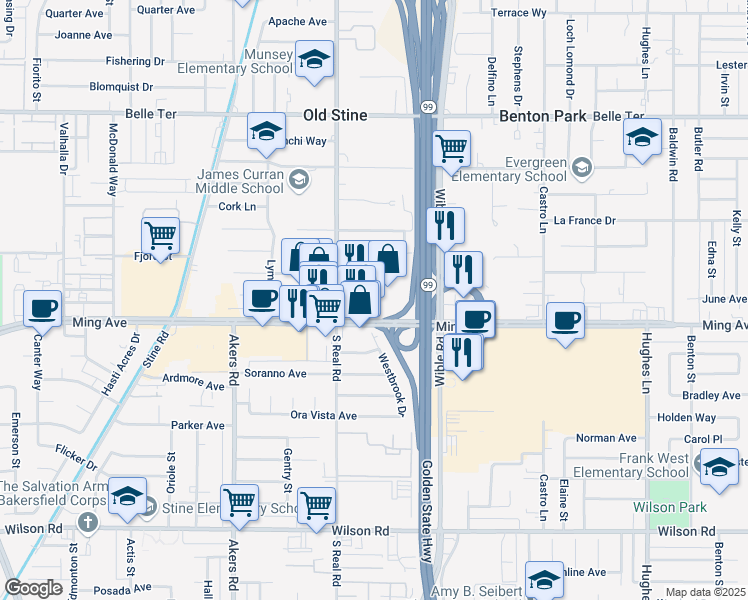 map of restaurants, bars, coffee shops, grocery stores, and more near 3500 Ming Ave in Bakersfield