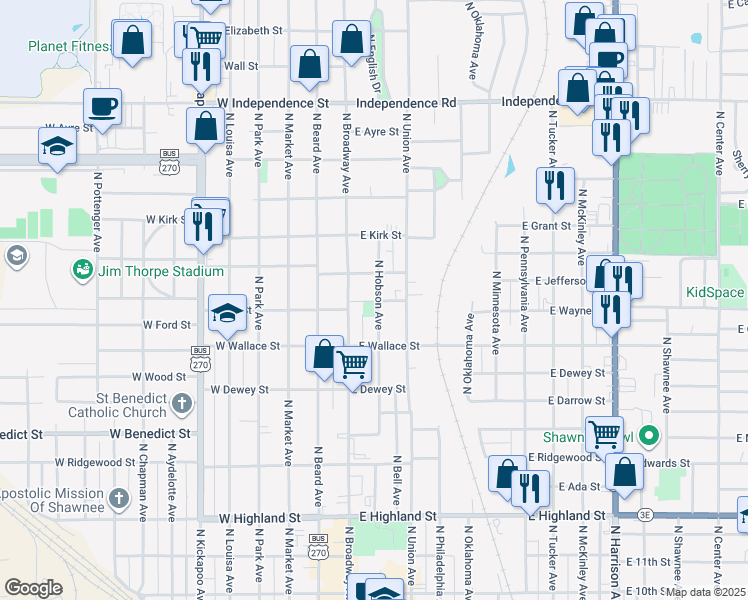 map of restaurants, bars, coffee shops, grocery stores, and more near 906 North Hobson Avenue in Shawnee