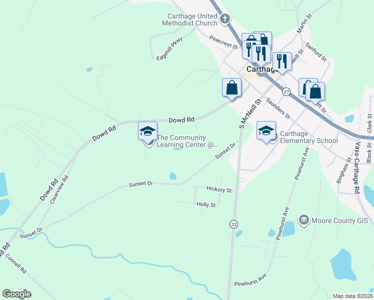 map of restaurants, bars, coffee shops, grocery stores, and more near 702 Sunset Drive in Carthage