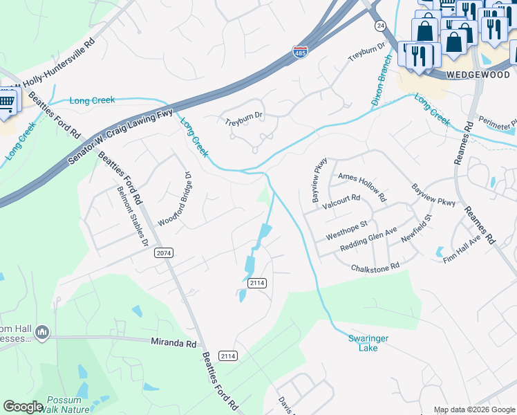 map of restaurants, bars, coffee shops, grocery stores, and more near 9707 Pond Vista Court in Charlotte