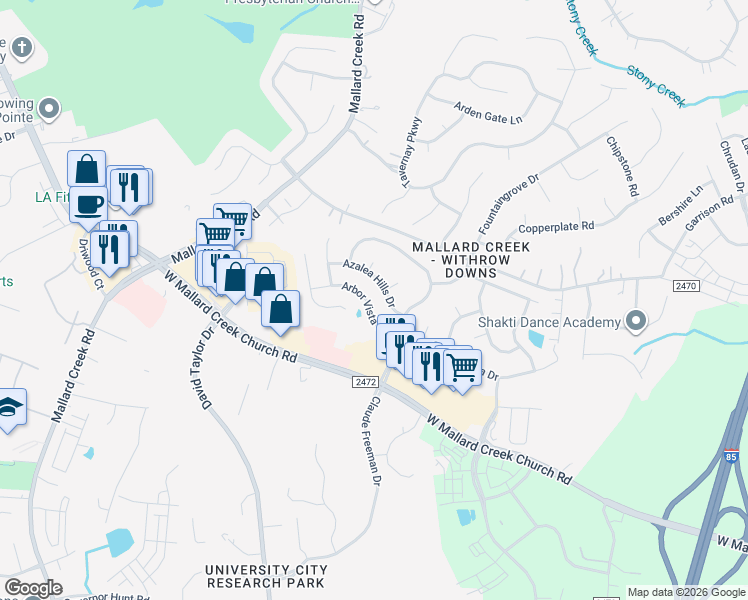 map of restaurants, bars, coffee shops, grocery stores, and more near 2138 Arbor Vista Drive in Charlotte