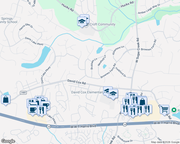 map of restaurants, bars, coffee shops, grocery stores, and more near 6717 Bickham Lane in Charlotte