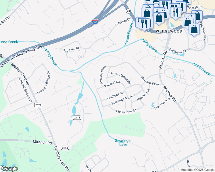 map of restaurants, bars, coffee shops, grocery stores, and more near 5301 Valcourt Road in Charlotte