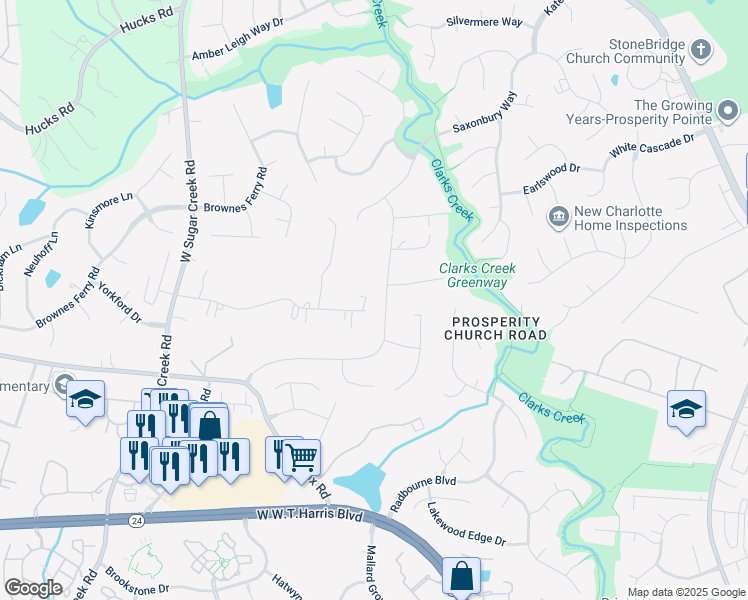 map of restaurants, bars, coffee shops, grocery stores, and more near 12232 Mallard Ridge Drive in Charlotte