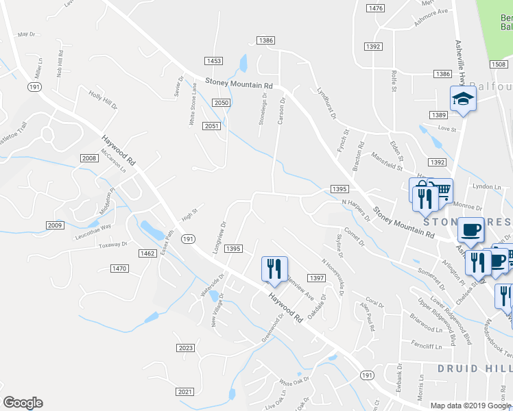 map of restaurants, bars, coffee shops, grocery stores, and more near 39 Rising View Drive in Hendersonville