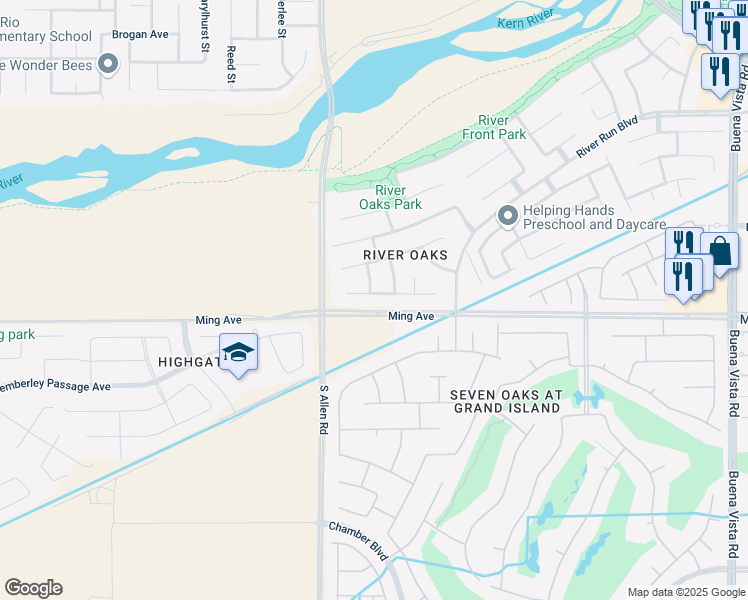 map of restaurants, bars, coffee shops, grocery stores, and more near 12619 Schooner Beach Drive in Bakersfield