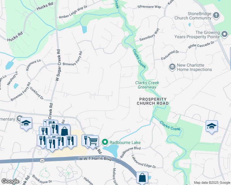 map of restaurants, bars, coffee shops, grocery stores, and more near 12232 Mallard Ridge Drive in Charlotte