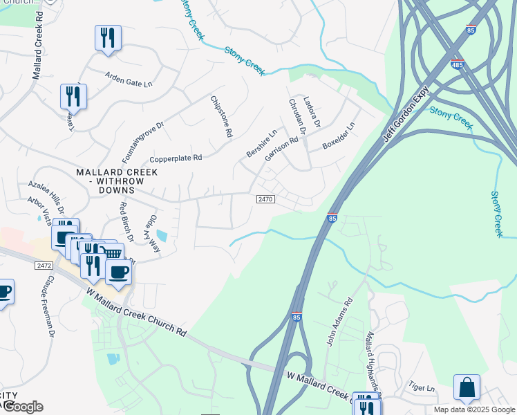 map of restaurants, bars, coffee shops, grocery stores, and more near 1427 Galloway Road in Charlotte