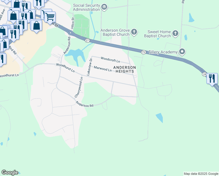 map of restaurants, bars, coffee shops, grocery stores, and more near 501 Anderson Road in Albemarle