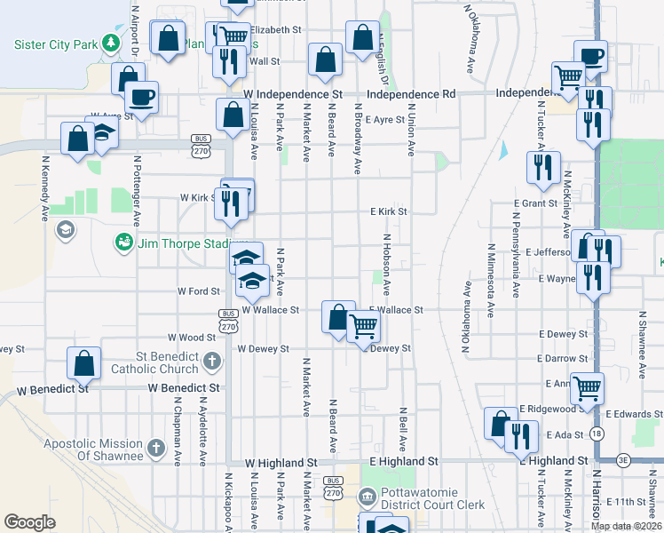 map of restaurants, bars, coffee shops, grocery stores, and more near 910 North Beard Avenue in Shawnee