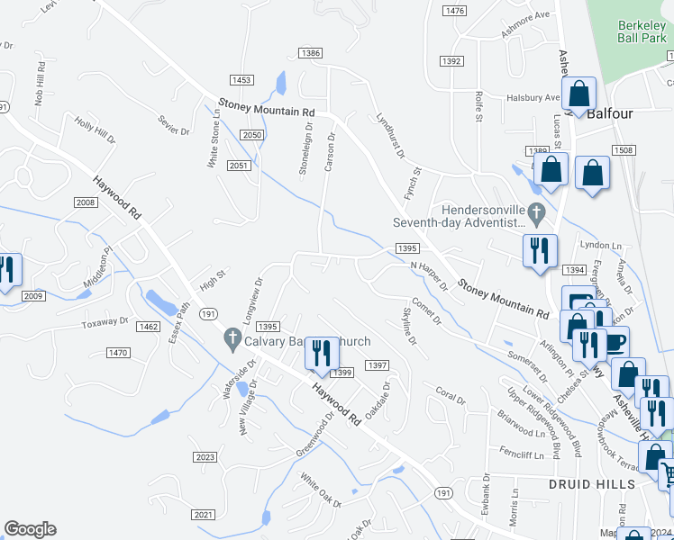 map of restaurants, bars, coffee shops, grocery stores, and more near 538 Browning Avenue in Hendersonville