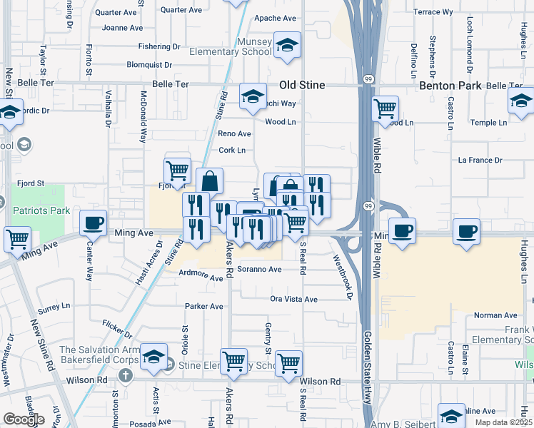 map of restaurants, bars, coffee shops, grocery stores, and more near 3800 Ming Avenue in Bakersfield