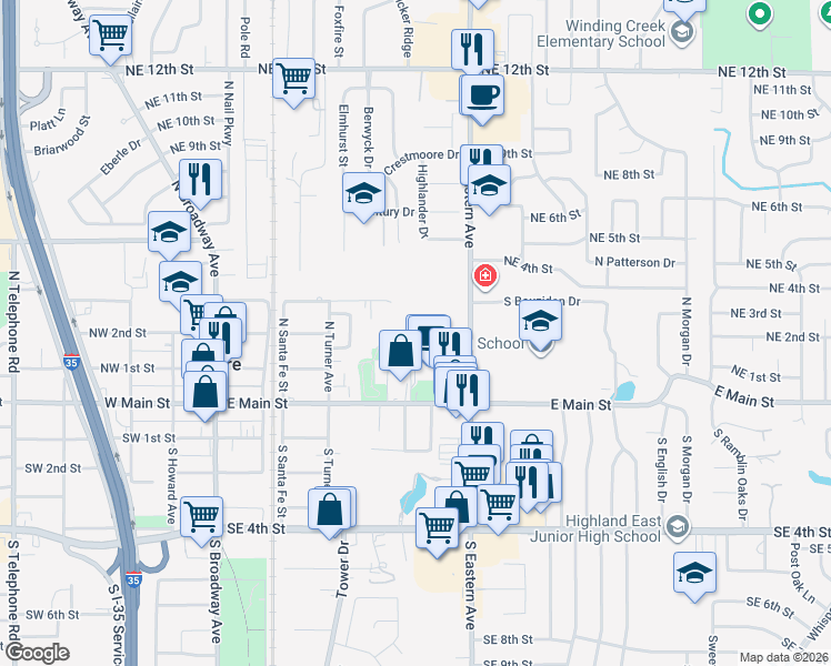 map of restaurants, bars, coffee shops, grocery stores, and more near 525 East Main Street in Moore