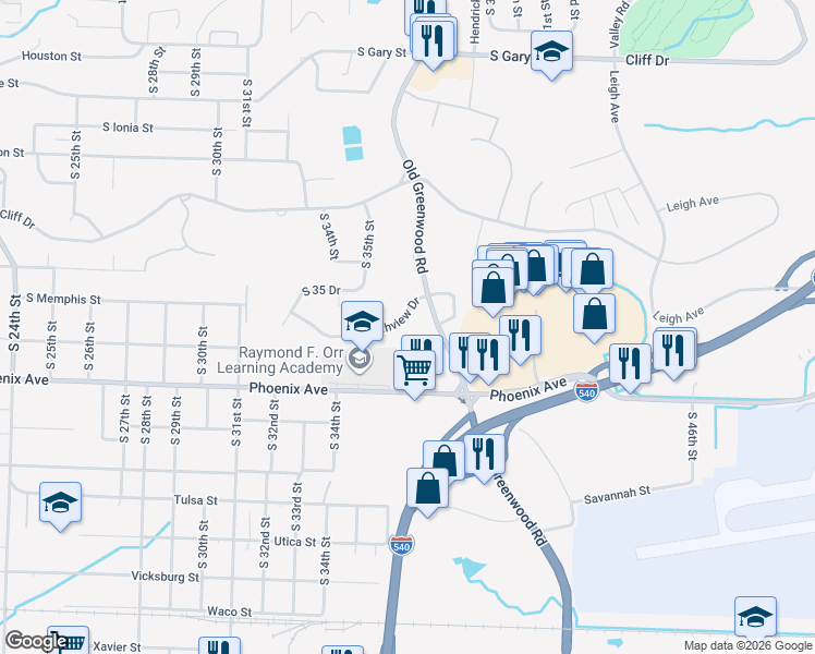 map of restaurants, bars, coffee shops, grocery stores, and more near 3600 Southview Drive in Fort Smith