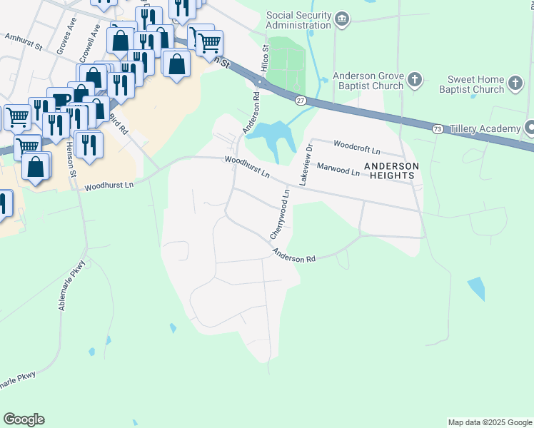 map of restaurants, bars, coffee shops, grocery stores, and more near 345 Anderson Road in Albemarle