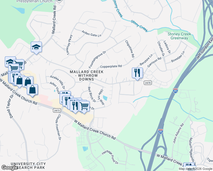map of restaurants, bars, coffee shops, grocery stores, and more near 1902 Arbor Crest Court in Charlotte