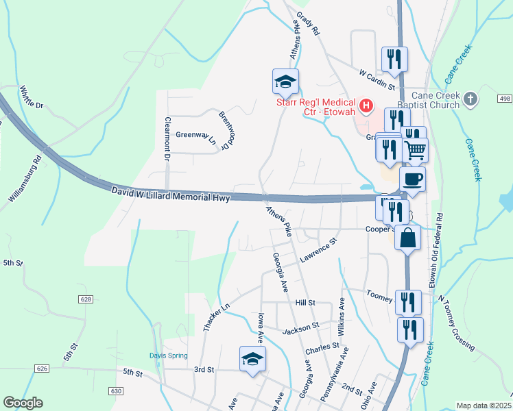 map of restaurants, bars, coffee shops, grocery stores, and more near 720 Athens Pike in Etowah