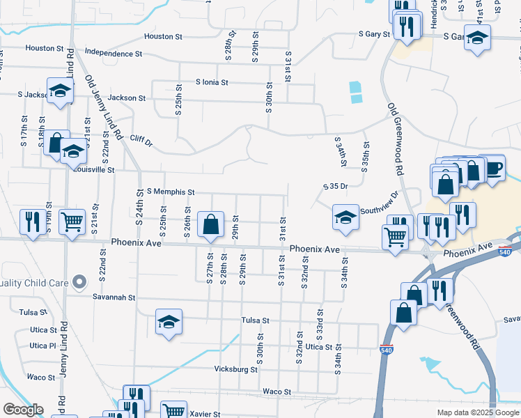 map of restaurants, bars, coffee shops, grocery stores, and more near 2915 Osage Street in Fort Smith