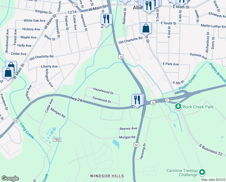 map of restaurants, bars, coffee shops, grocery stores, and more near 606 Hazelwood Drive in Albemarle