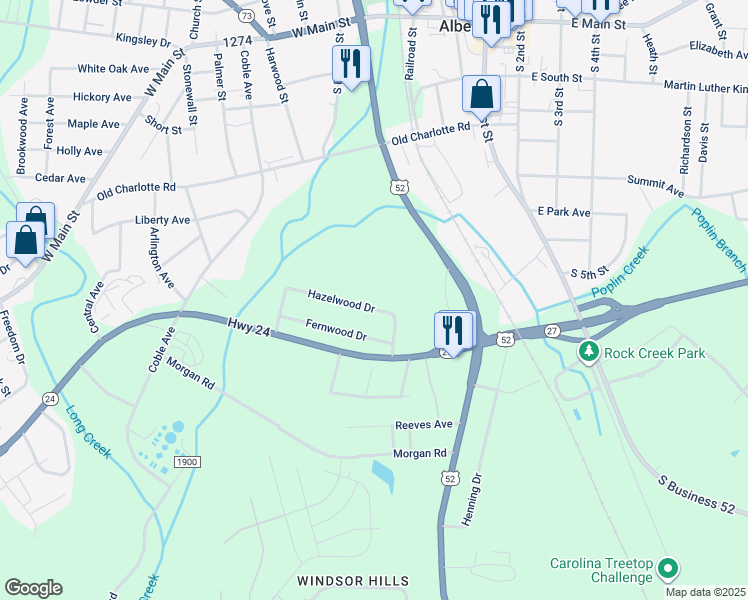 map of restaurants, bars, coffee shops, grocery stores, and more near 606 Hazelwood Drive in Albemarle