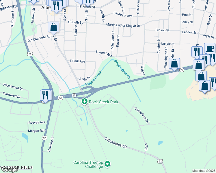 map of restaurants, bars, coffee shops, grocery stores, and more near State 24 in Albemarle