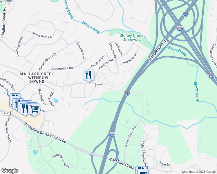 map of restaurants, bars, coffee shops, grocery stores, and more near 1401 Galloway Road in Charlotte