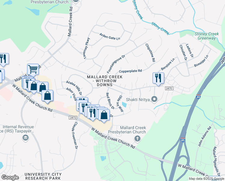 map of restaurants, bars, coffee shops, grocery stores, and more near 2005 Arbor Crest Court in Charlotte