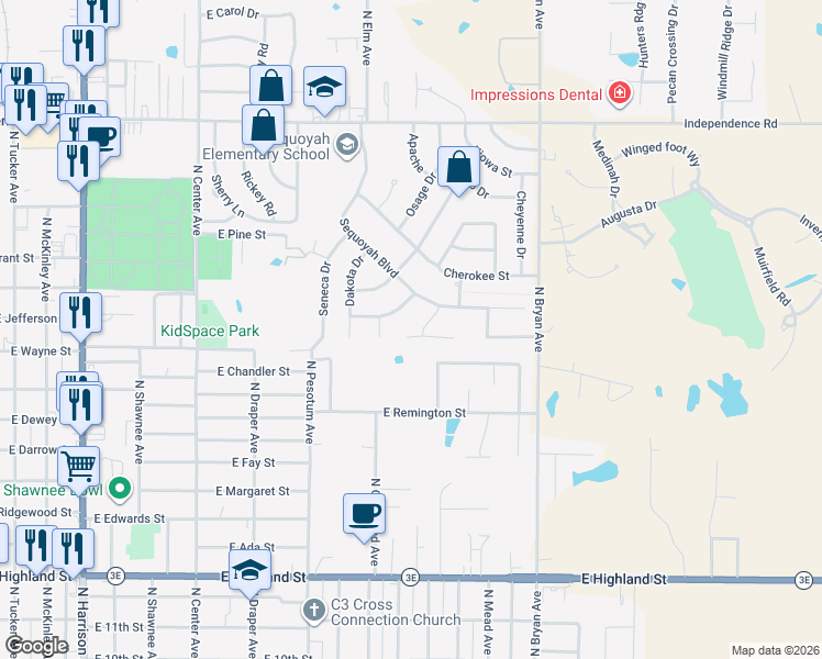 map of restaurants, bars, coffee shops, grocery stores, and more near 15 Mohican Circle in Shawnee