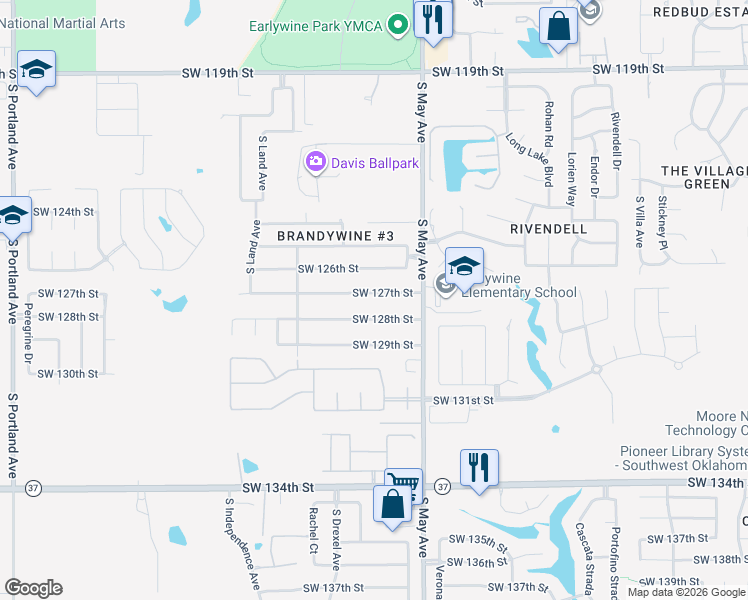 map of restaurants, bars, coffee shops, grocery stores, and more near 2933 Southwest 128th Street in Oklahoma City