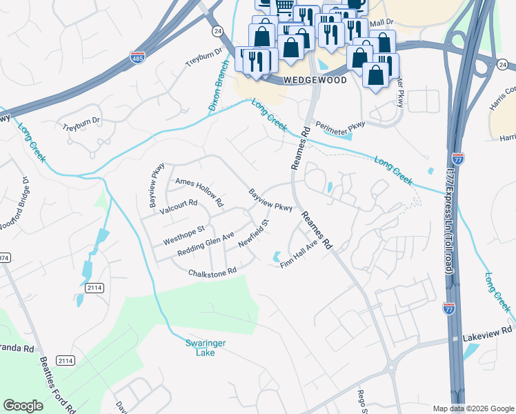 map of restaurants, bars, coffee shops, grocery stores, and more near 9217 Newfield Street in Charlotte