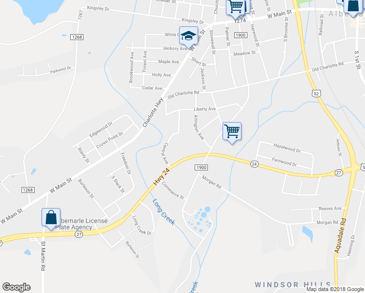 map of restaurants, bars, coffee shops, grocery stores, and more near 704 Arlington Avenue in Albemarle