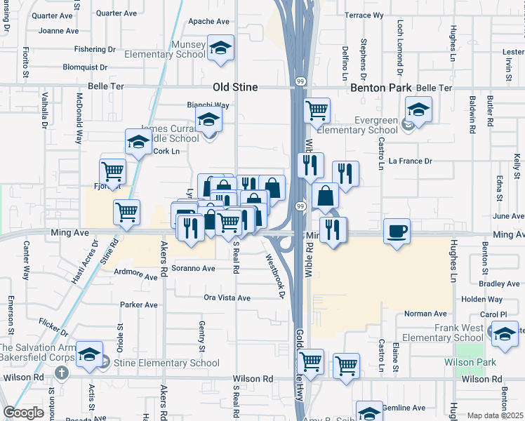 map of restaurants, bars, coffee shops, grocery stores, and more near 3500 Ming Avenue in Bakersfield