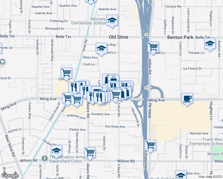map of restaurants, bars, coffee shops, grocery stores, and more near 3750 Ming Avenue in Bakersfield