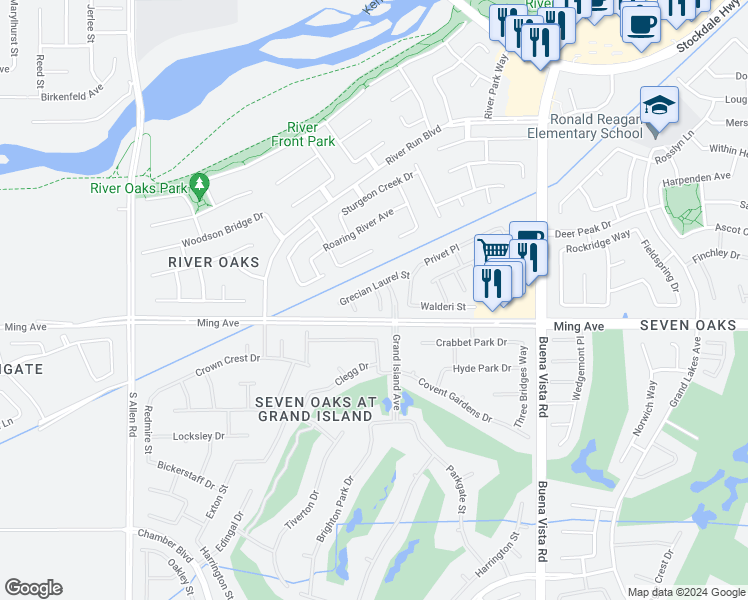 map of restaurants, bars, coffee shops, grocery stores, and more near 1601 Bermuda Greens Court in Bakersfield