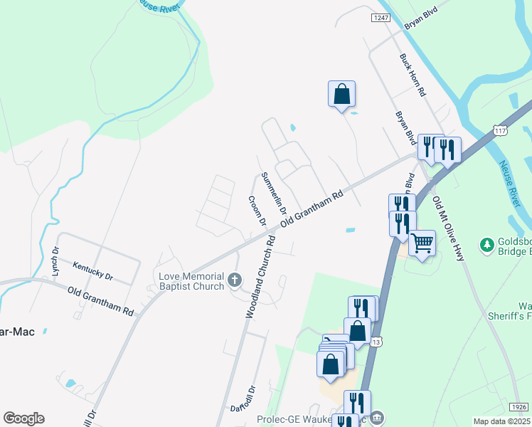 map of restaurants, bars, coffee shops, grocery stores, and more near 401-405 Croom Drive in Goldsboro
