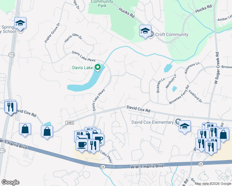 map of restaurants, bars, coffee shops, grocery stores, and more near 4710 David Cox Road in Charlotte