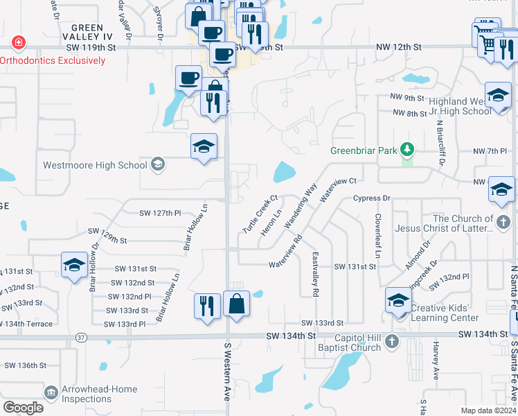 map of restaurants, bars, coffee shops, grocery stores, and more near 817 Turtle Creek Road in Oklahoma City