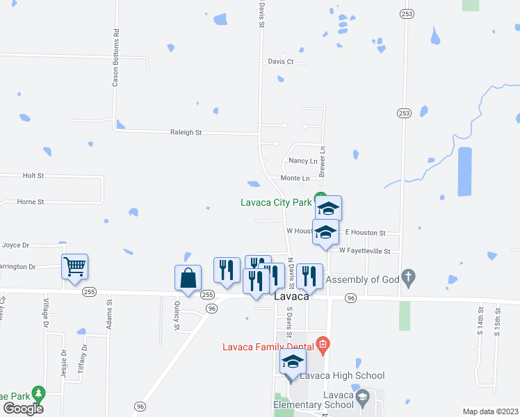 map of restaurants, bars, coffee shops, grocery stores, and more near 702 Ithaca Street in Lavaca