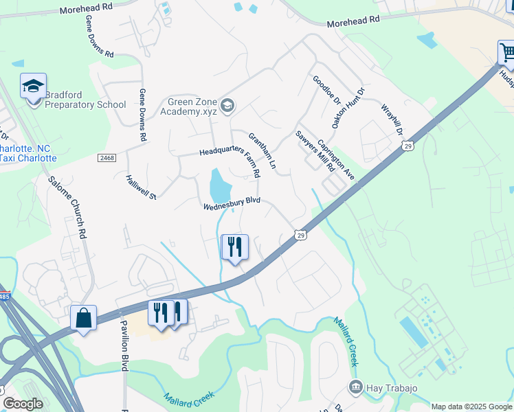 map of restaurants, bars, coffee shops, grocery stores, and more near 12105 Barwen Court in Charlotte