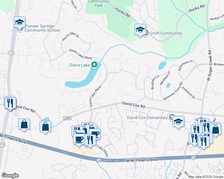 map of restaurants, bars, coffee shops, grocery stores, and more near 4710 David Cox Road in Charlotte