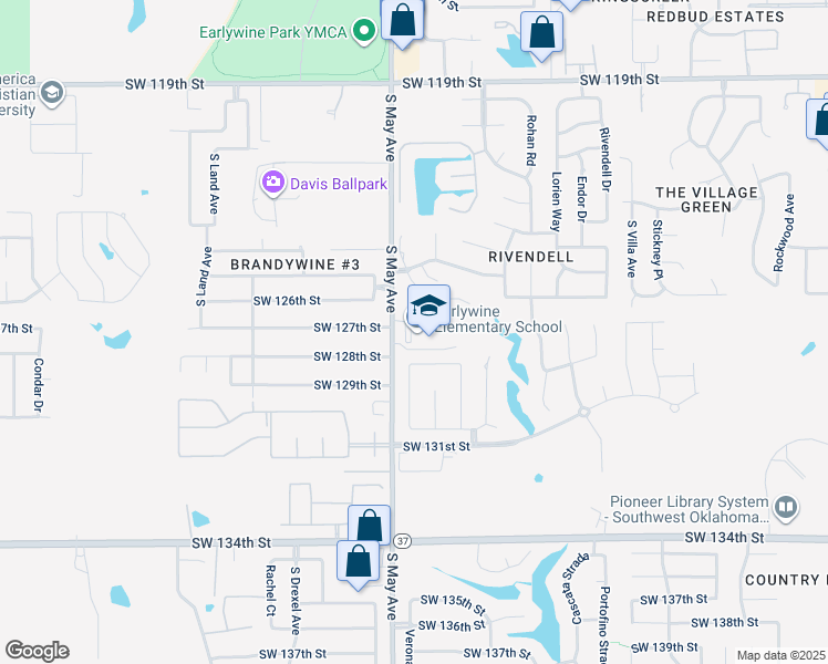 map of restaurants, bars, coffee shops, grocery stores, and more near 12800 South May Avenue in Oklahoma City