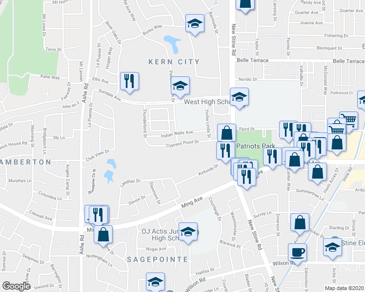 map of restaurants, bars, coffee shops, grocery stores, and more near 5809 Cypress Point Drive in Bakersfield