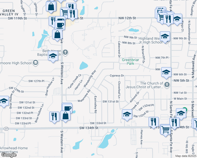 map of restaurants, bars, coffee shops, grocery stores, and more near 637 Cypress Drive in Oklahoma City