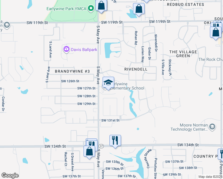 map of restaurants, bars, coffee shops, grocery stores, and more near 12800 South May Avenue in Oklahoma City