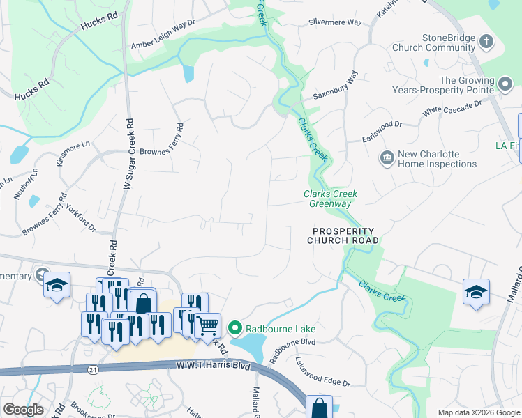 map of restaurants, bars, coffee shops, grocery stores, and more near 12324 Mallard Ridge Drive in Charlotte
